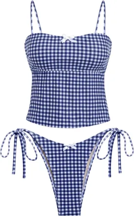 seamoly Women's Tankini Sets Sexy Open Back Two Piece Swimsuit High Cut Side Tie Thong Bathing Suit Floral Gingham Bikini