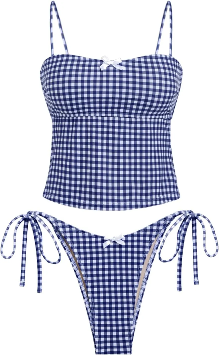 seamoly Women's Tankini Sets Sexy Open Back Two Piece Swimsuit High Cut Side Tie Thong Bathing Suit Floral Gingham Bikini