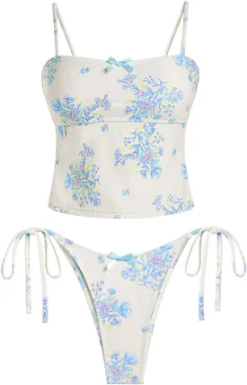 seamoly Women's Tankini Sets Sexy Open Back Two Piece Swimsuit High Cut Side Tie Thong Bathing Suit Floral Gingham Bikini