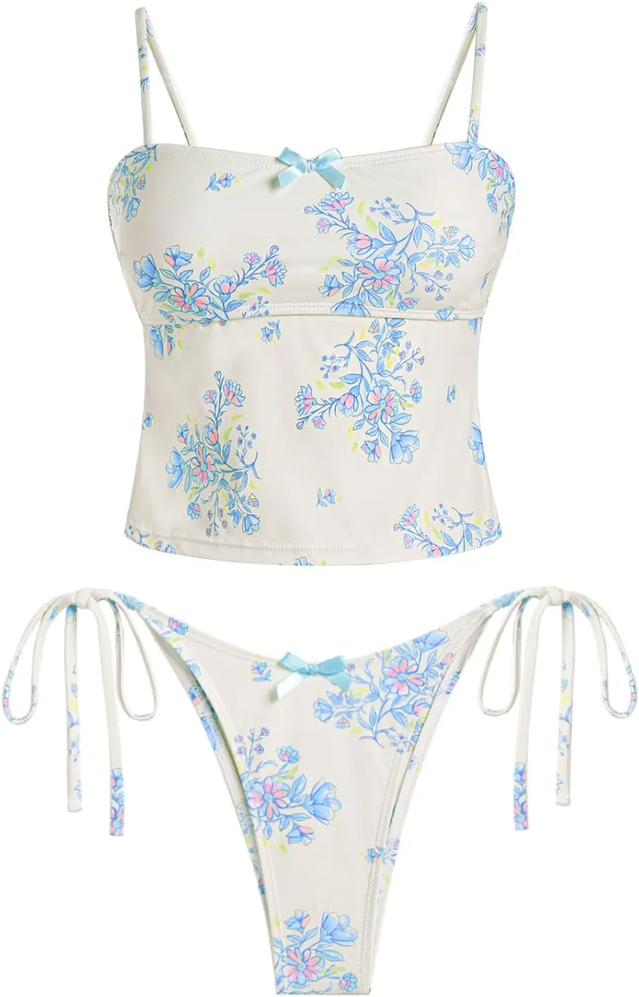 seamoly Women's Tankini Sets Sexy Open Back Two Piece Swimsuit High Cut Side Tie Thong Bathing Suit Floral Gingham Bikini