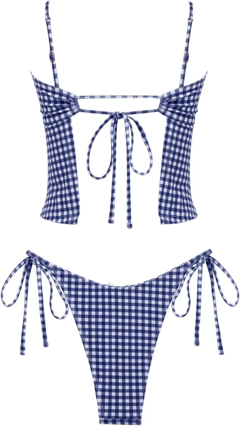 seamoly Women's Tankini Sets Sexy Open Back Two Piece Swimsuit High Cut Side Tie Thong Bathing Suit Floral Gingham Bikini