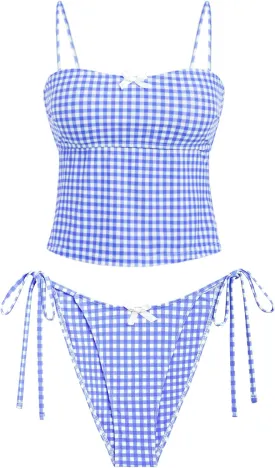 seamoly Women's Tankini Sets Sexy Open Back Two Piece Swimsuit High Cut Side Tie Thong Bathing Suit Floral Gingham Bikini