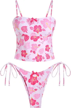 seamoly Women's Tankini Sets Sexy Open Back Two Piece Swimsuit High Cut Side Tie Thong Bathing Suit Floral Gingham Bikini
