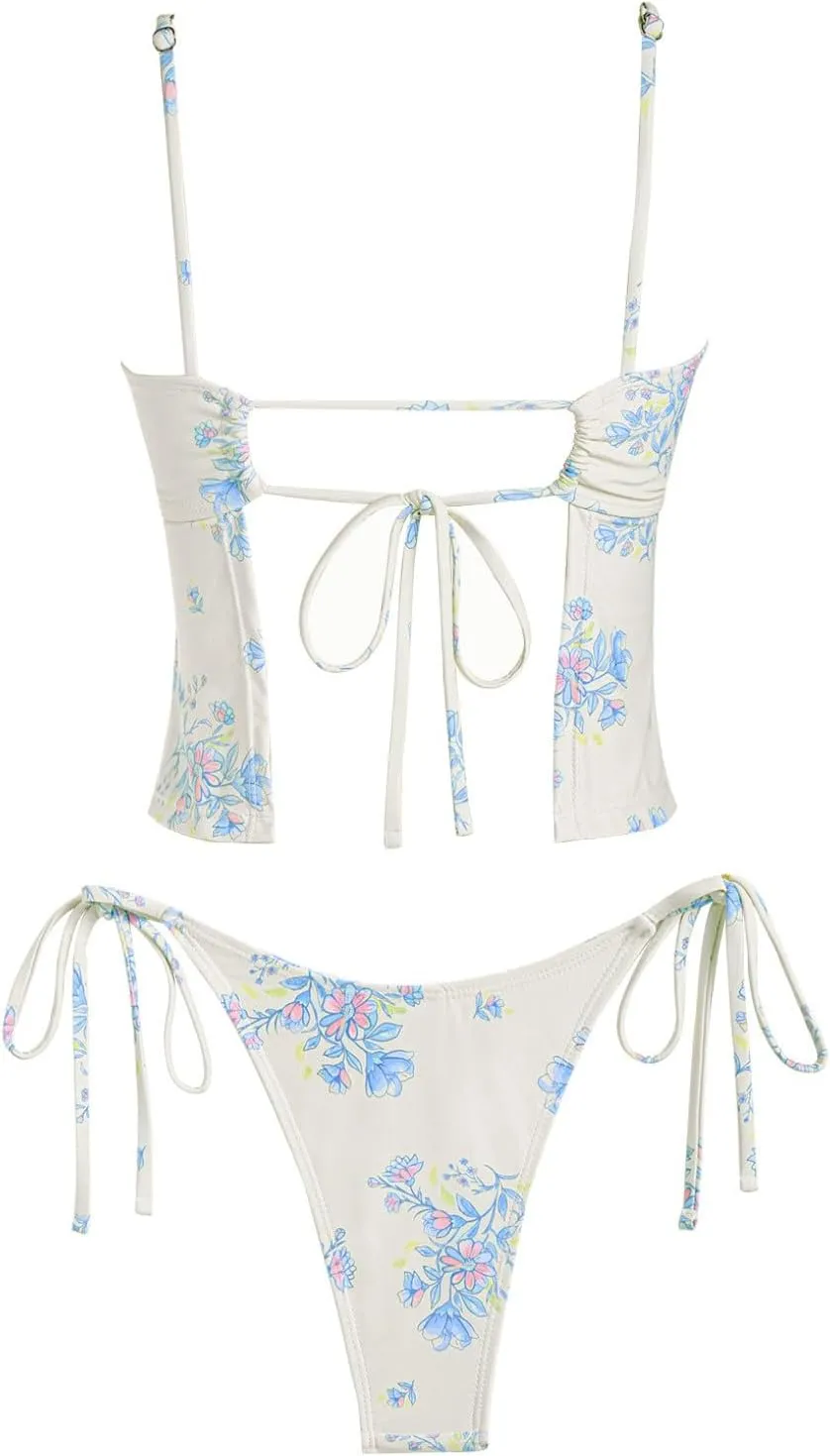 seamoly Women's Tankini Sets Sexy Open Back Two Piece Swimsuit High Cut Side Tie Thong Bathing Suit Floral Gingham Bikini