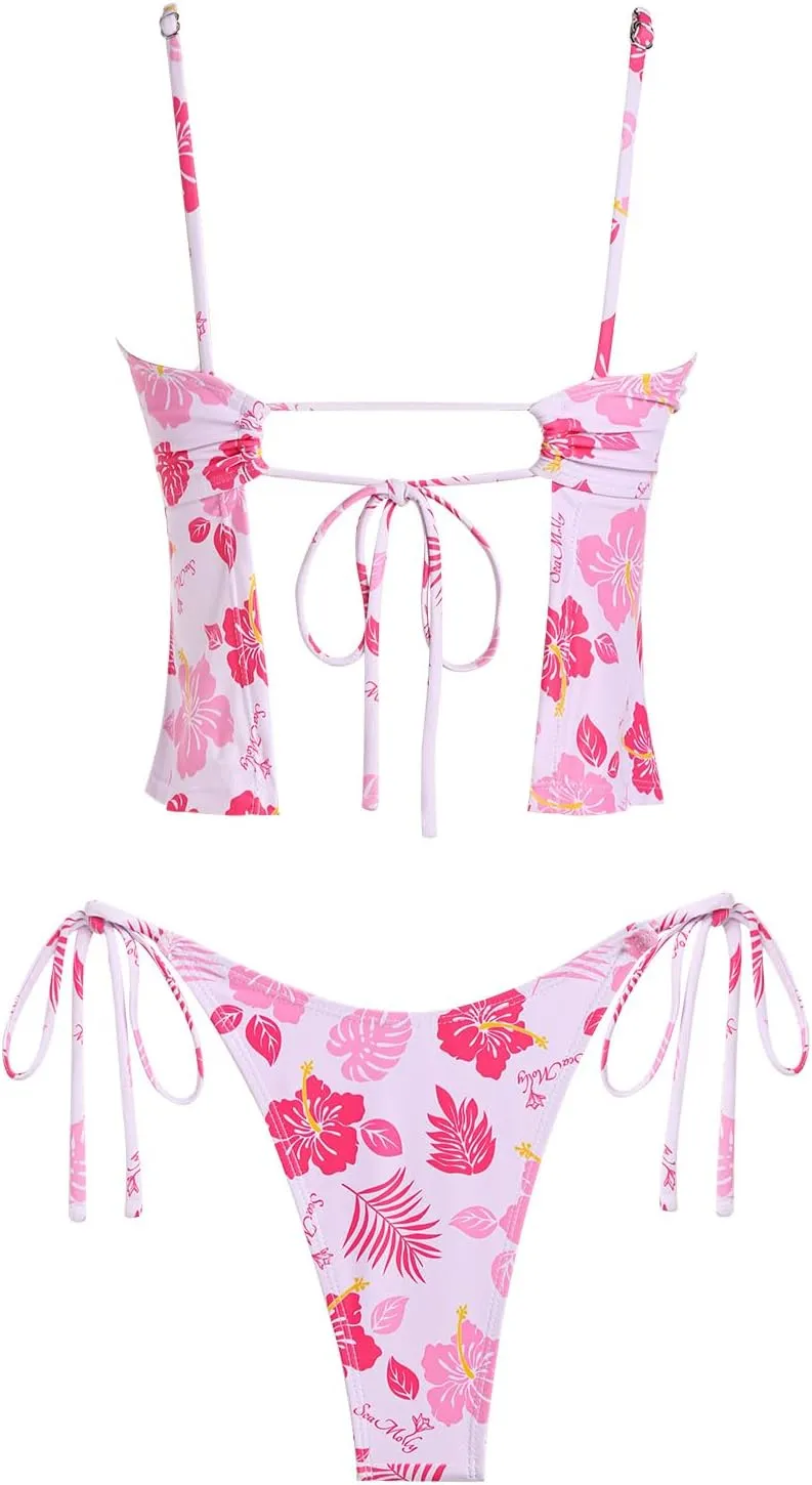 seamoly Women's Tankini Sets Sexy Open Back Two Piece Swimsuit High Cut Side Tie Thong Bathing Suit Floral Gingham Bikini