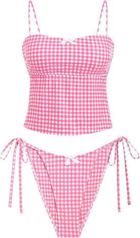 seamoly Women's Tankini Sets Sexy Open Back Two Piece Swimsuit High Cut Side Tie Thong Bathing Suit Floral Gingham Bikini