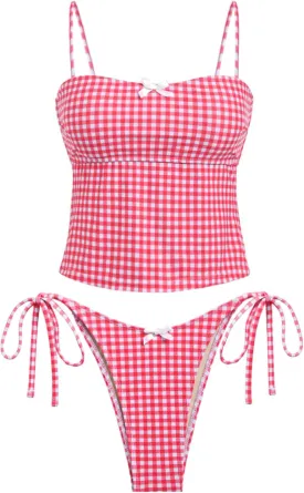 seamoly Women's Tankini Sets Sexy Open Back Two Piece Swimsuit High Cut Side Tie Thong Bathing Suit Floral Gingham Bikini