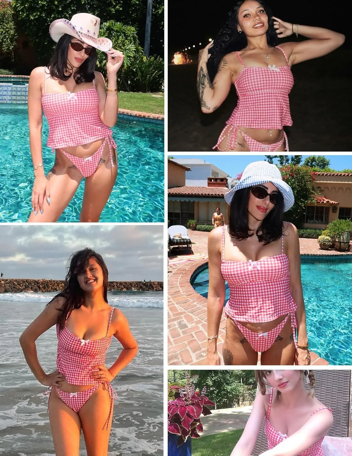 seamoly Women's Tankini Sets Sexy Open Back Two Piece Swimsuit High Cut Side Tie Thong Bathing Suit Floral Gingham Bikini