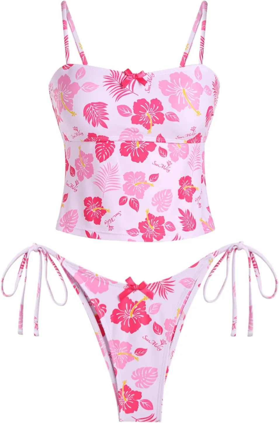 seamoly Women's Tankini Sets Sexy Open Back Two Piece Swimsuit High Cut Side Tie Thong Bathing Suit Floral Gingham Bikini
