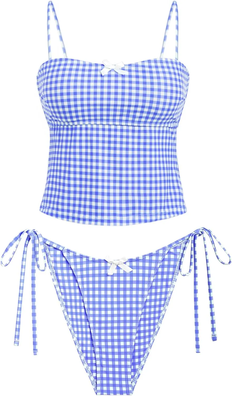 seamoly Women's Tankini Sets Sexy Open Back Two Piece Swimsuit High Cut Side Tie Thong Bathing Suit Floral Gingham Bikini