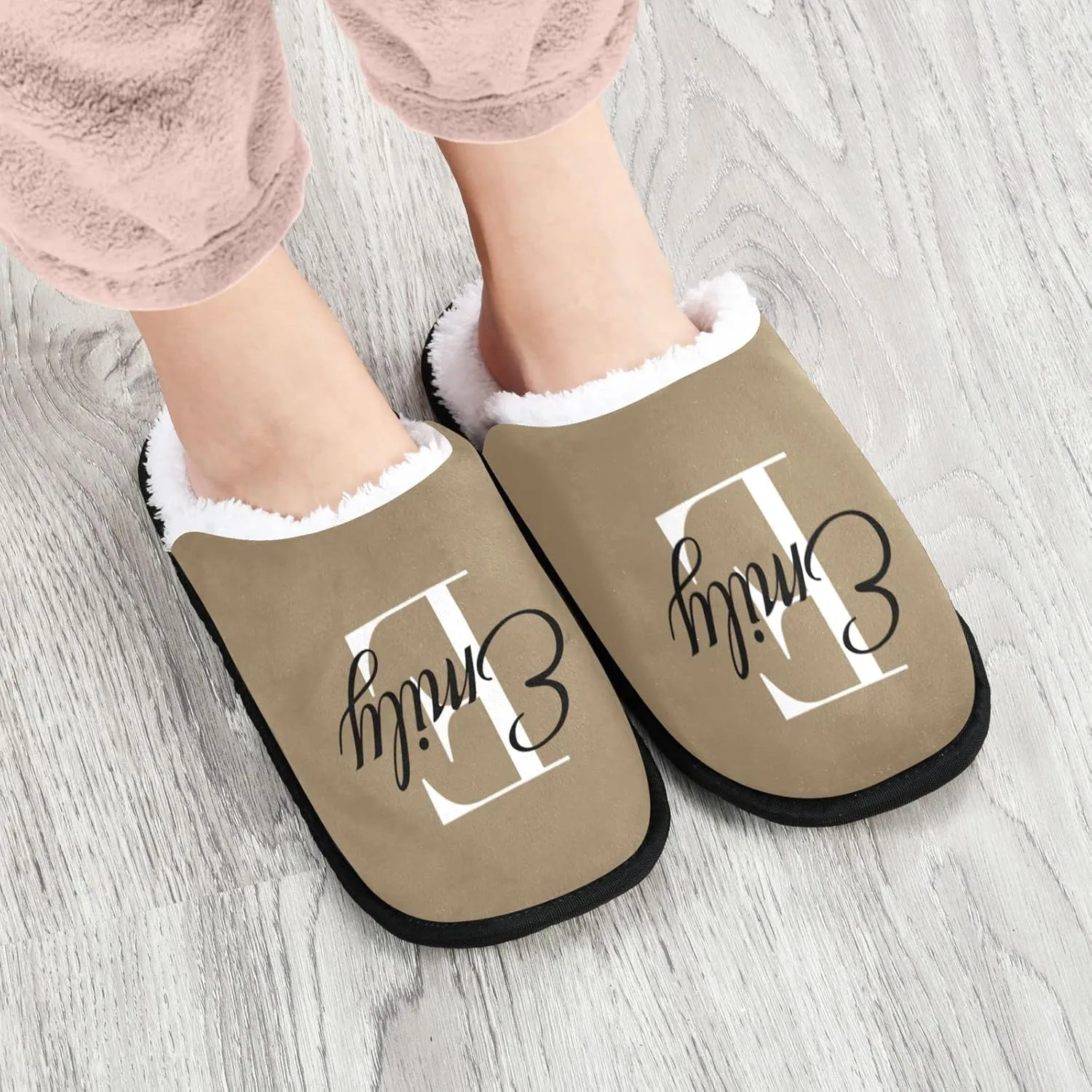 Sinestour Khaki Unisex-Adult Fuzzy Slippers - Men's & Women's - M & L - Coral Fleece Lining - Non-Slip Anti-Noise Sole - Indoor/Outdoor - Machine Washable