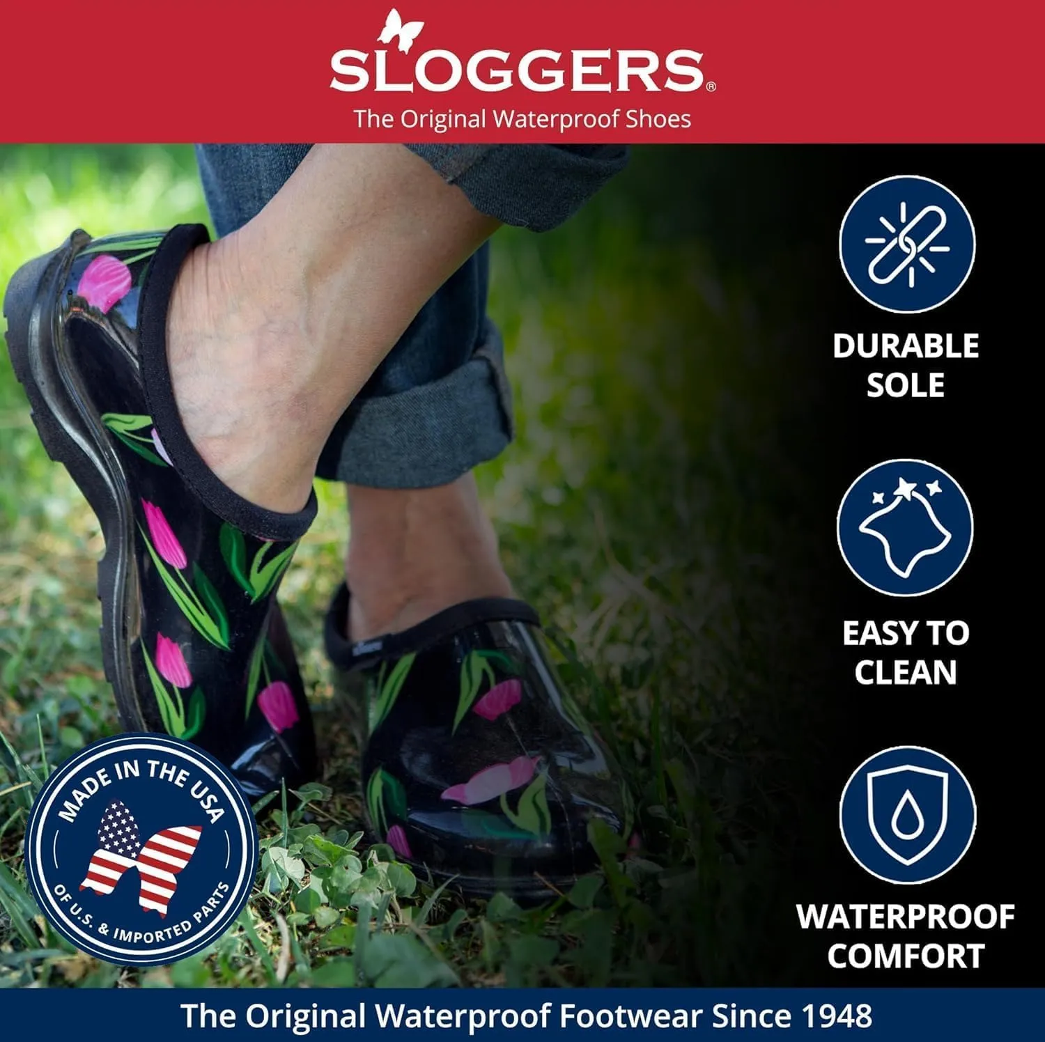 Sloggers Original Waterproof Rain and Garden Shoe for Women Outdoor Slip-On Garden Clog - Made in The USA with Premium Comfort Insole and Arch Support - Lt Blue Bee Print, Size 8