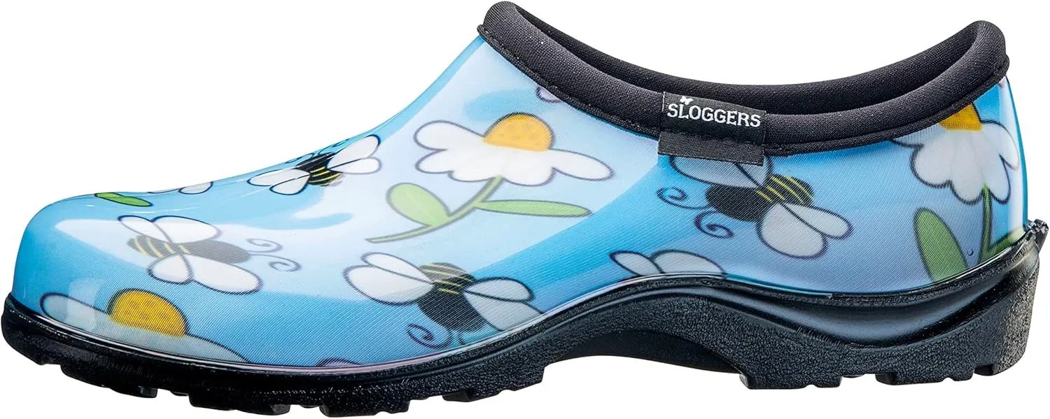 Sloggers Original Waterproof Rain and Garden Shoe for Women Outdoor Slip-On Garden Clog - Made in The USA with Premium Comfort Insole and Arch Support - Lt Blue Bee Print, Size 8