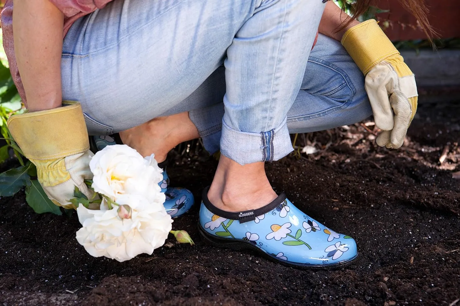 Sloggers Original Waterproof Rain and Garden Shoe for Women Outdoor Slip-On Garden Clog - Made in The USA with Premium Comfort Insole and Arch Support - Lt Blue Bee Print, Size 8