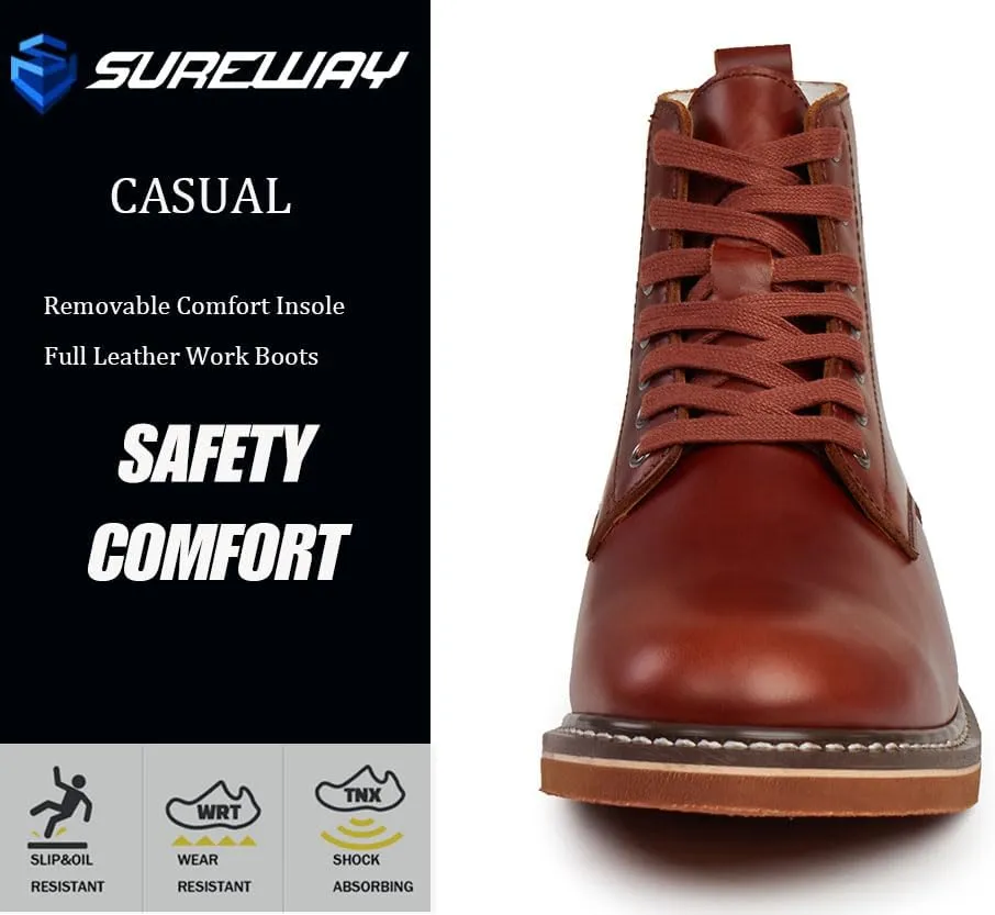 SUREWAY Mens 6" Stylish and Comfort Leather Ankle Lace-up Boots,Men Dress Chukka Boots,6-Inch Service Boot Pro,Casual Soft toe Brown Work Boots