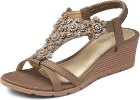 TEMOFON Women's Low Wedge Heels Summer Dressy Platform Sandals Elastic Ankle Strap Open Toe Flower Shoes