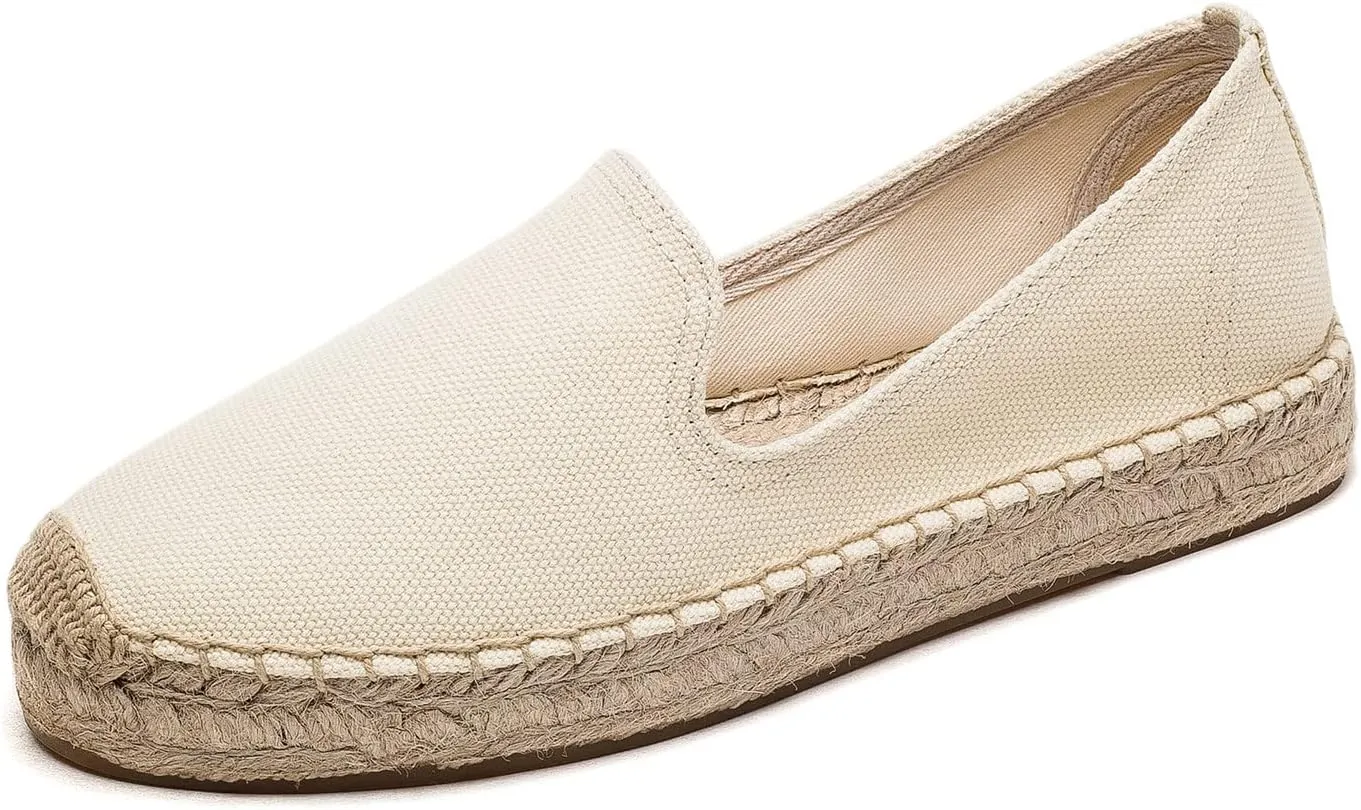 U-Lite Women's Classic Slip on Flat Shoes Casual Cap-Toe Platform Simple Espadrille Canvas Loafers Beige Canvas 9.5