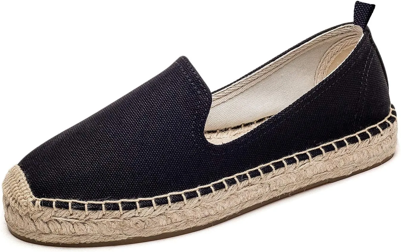U-lite Women's Classic Slip on Flat Shoes Casual Cap-Toe Platform Simple Espadrille Canvas Loafers Black Canvas 10B