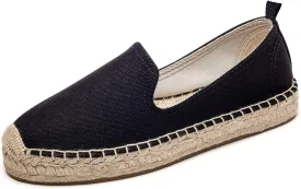 U-Lite Women's Classic Slip on Flat Shoes Casual Cap-Toe Platform Simple Espadrille Canvas Loafers Black Canvas 8.5