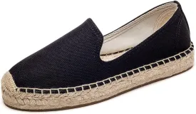 U-lite Women's Classic Slip on Flat Shoes Casual Cap-Toe Platform Simple Espadrille Canvas Loafers Black Size 8