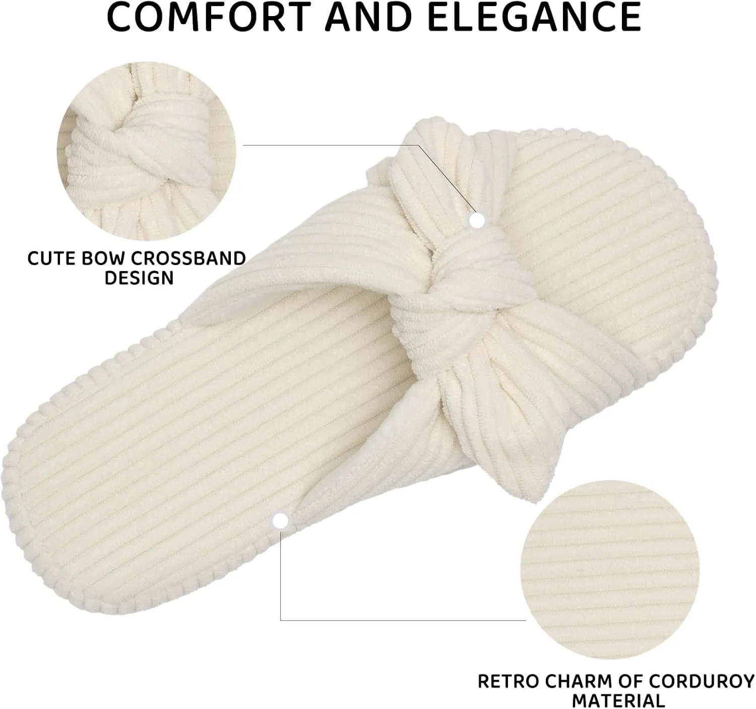 WateLves Cute Bow Slippers for Women Memory Foam Corduroy Open Toe Slide Slippers Ladies Cross Band House Shoes for Indoor Outdoor