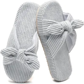 WateLves Cute Bow Slippers for Women Memory Foam Corduroy Open Toe Slide Slippers Ladies Cross Band House Shoes for Indoor Outdoor