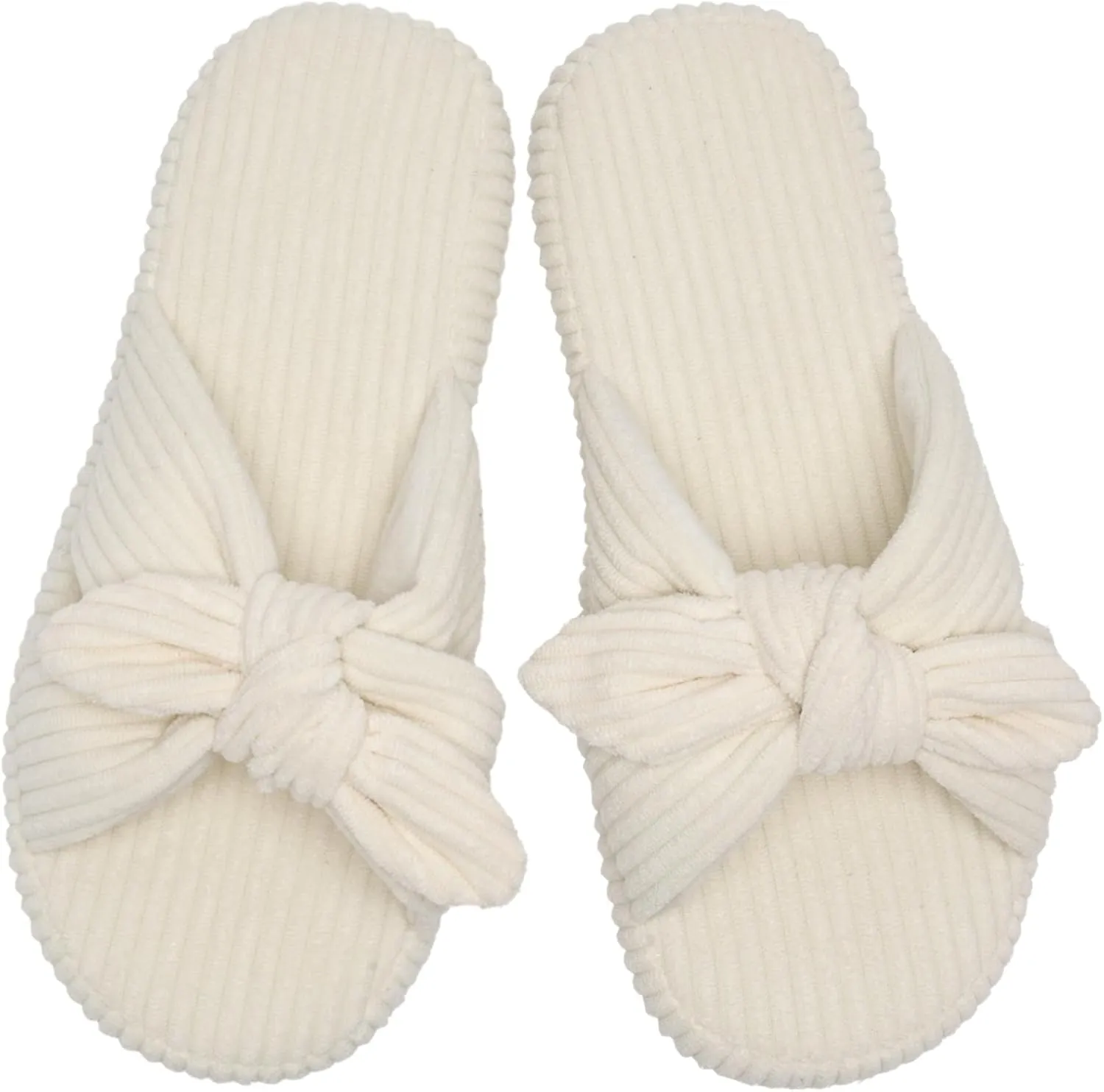 WateLves Cute Bow Slippers for Women Memory Foam Corduroy Open Toe Slide Slippers Ladies Cross Band House Shoes for Indoor Outdoor