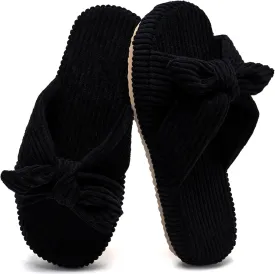 WateLves Cute Bow Slippers for Women Memory Foam Corduroy Open Toe Slide Slippers Ladies Cross Band House Shoes for Indoor Outdoor