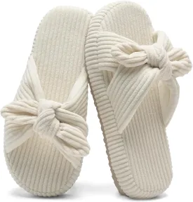 WateLves Cute Bow Slippers for Women Memory Foam Corduroy Open Toe Slide Slippers Ladies Cross Band House Shoes for Indoor Outdoor