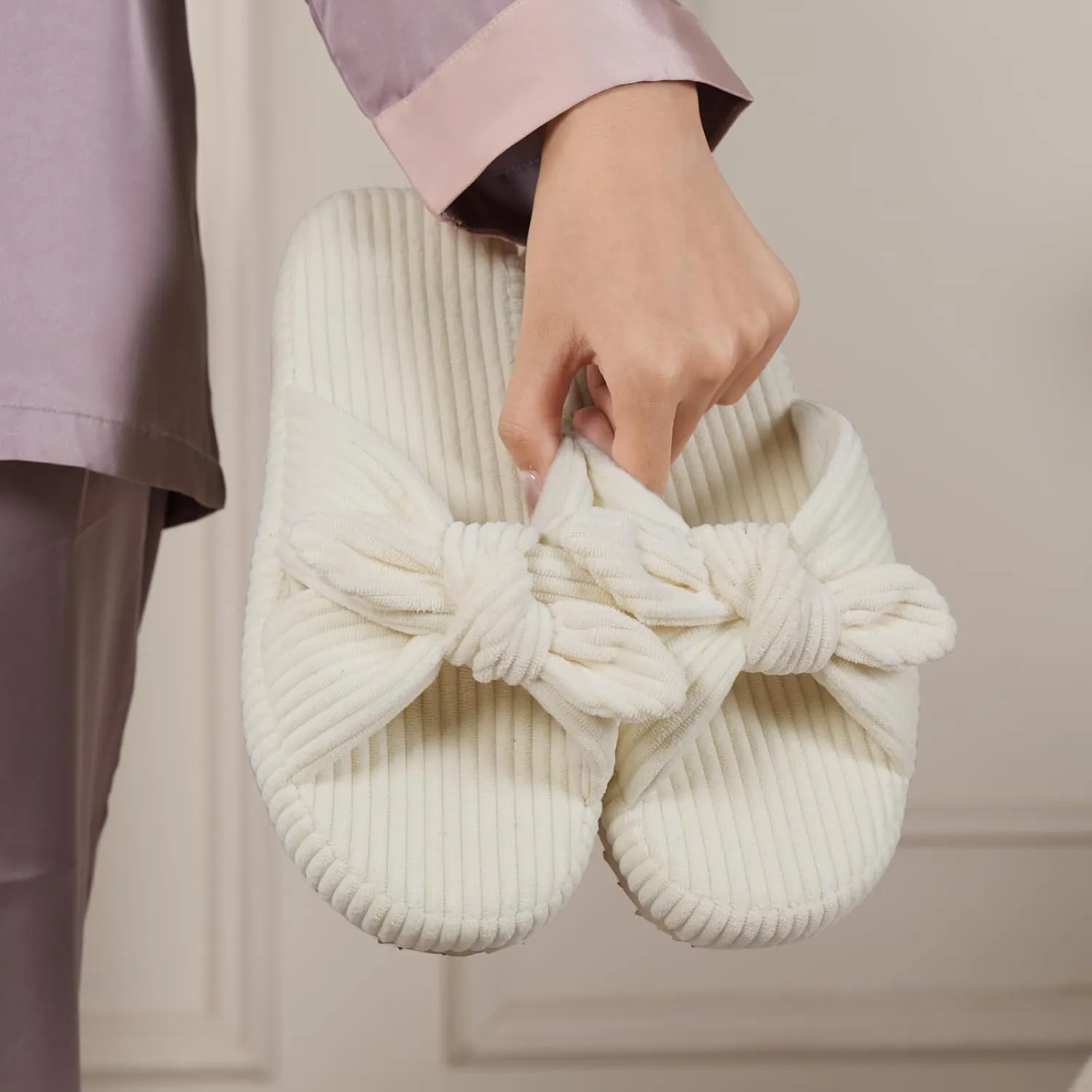 WateLves Cute Bow Slippers for Women Memory Foam Corduroy Open Toe Slide Slippers Ladies Cross Band House Shoes for Indoor Outdoor