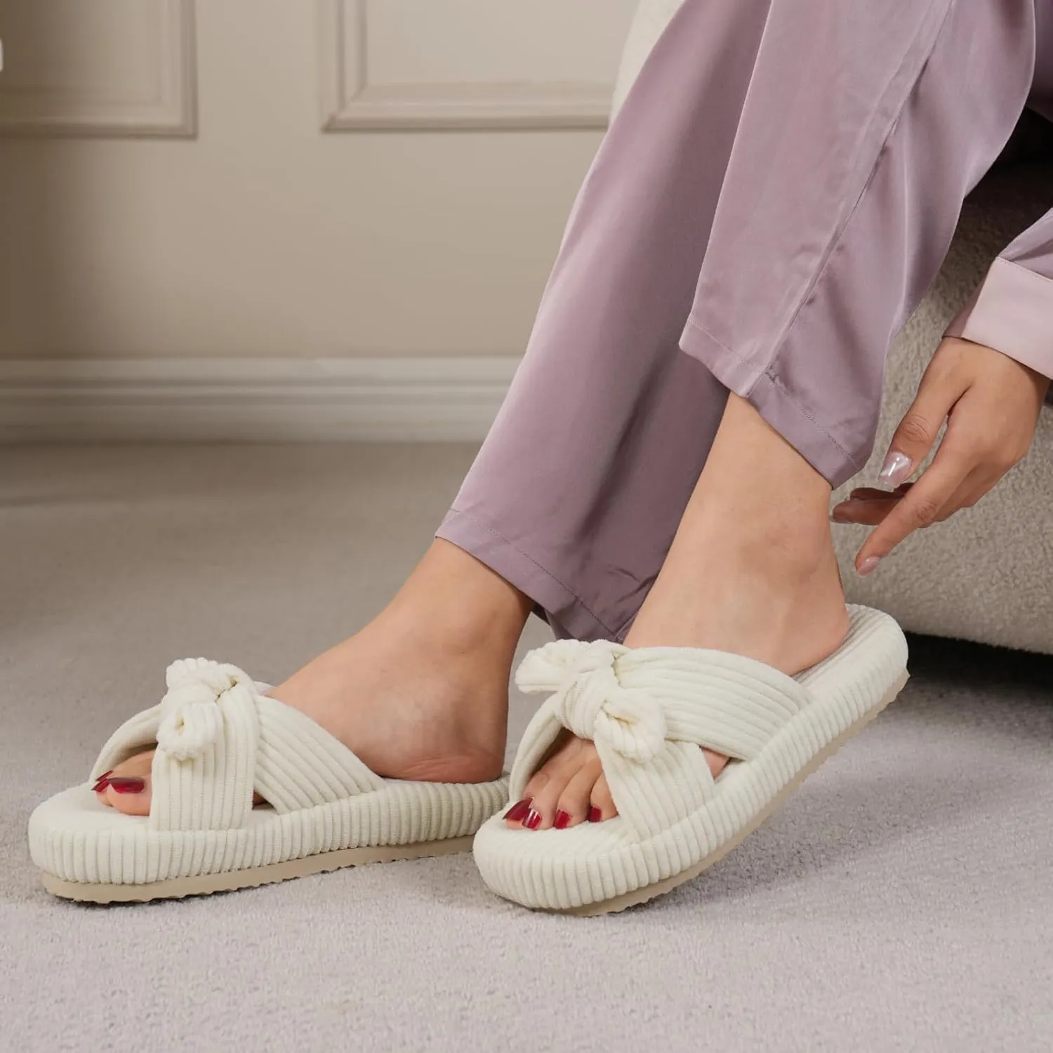 WateLves Cute Bow Slippers for Women Memory Foam Corduroy Open Toe Slide Slippers Ladies Cross Band House Shoes for Indoor Outdoor