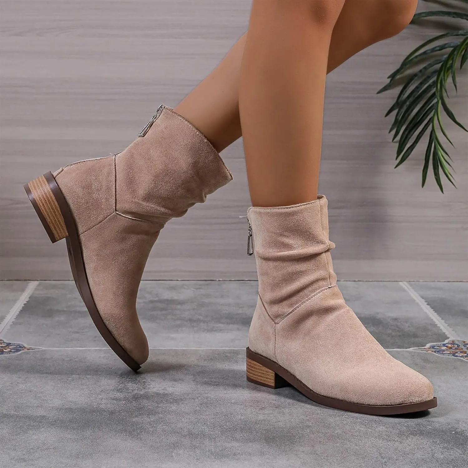 Women Ankle Boots Low Heel Round Toe Fashion Bootie Wide Calf Casual Fall Short Booties Comfort Slouchy Winter Shoes