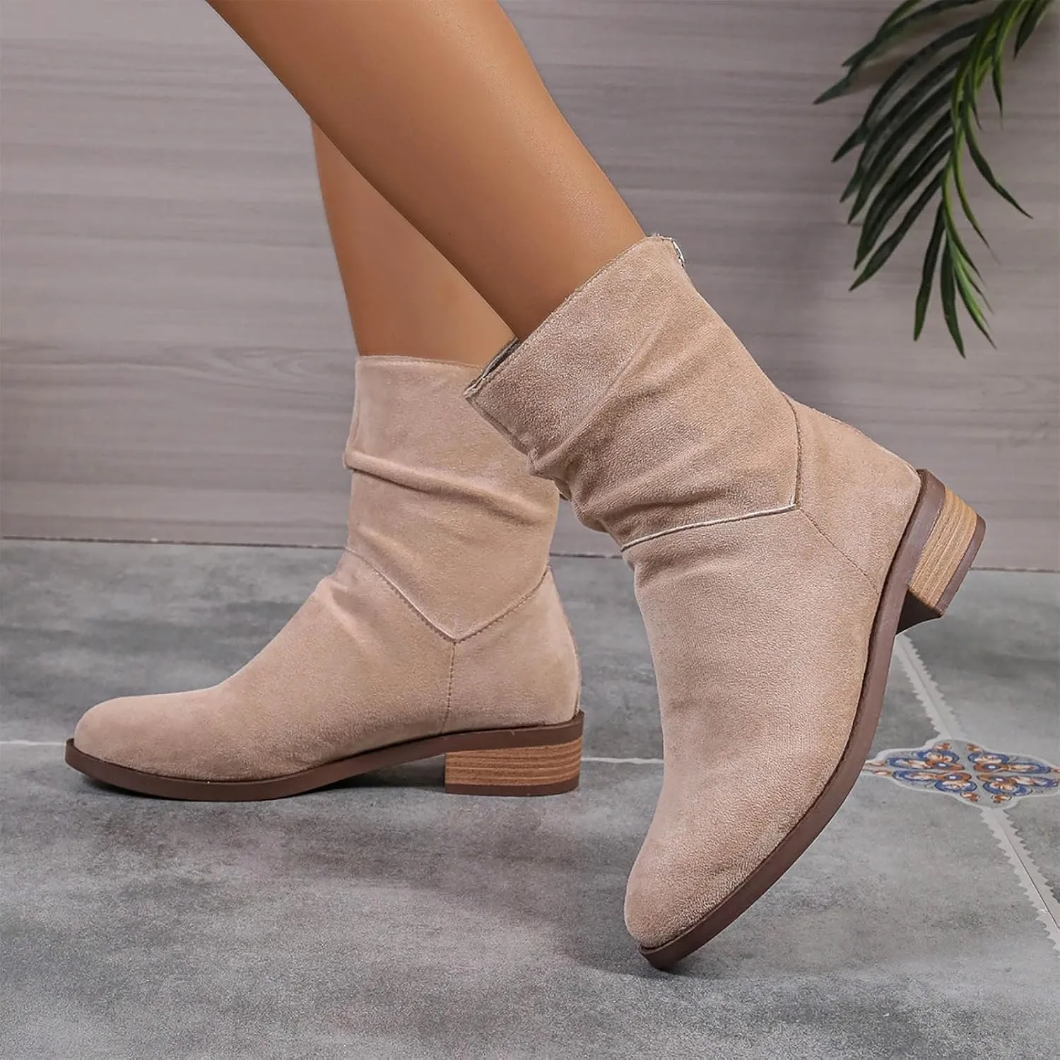 Women Ankle Boots Low Heel Round Toe Fashion Bootie Wide Calf Casual Fall Short Booties Comfort Slouchy Winter Shoes