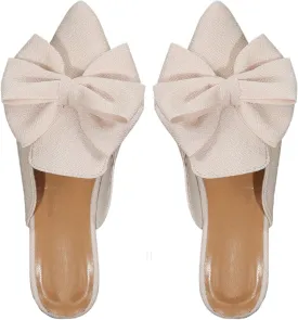 Women's Bow Mules Dressy Pointed Toe Flat Shoes Backless Loafers Slide Sandals Casual Slides Work Shoes
