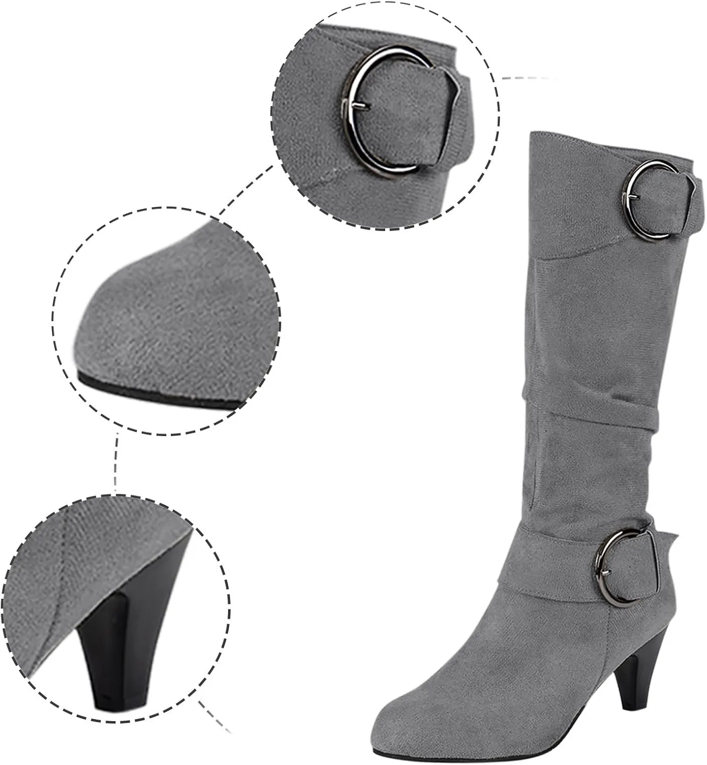 Women's Knee Length Boots Closed Round Toe Buckle Casual Long Tall Boots Comfortable Mid High Heels Dress Booties