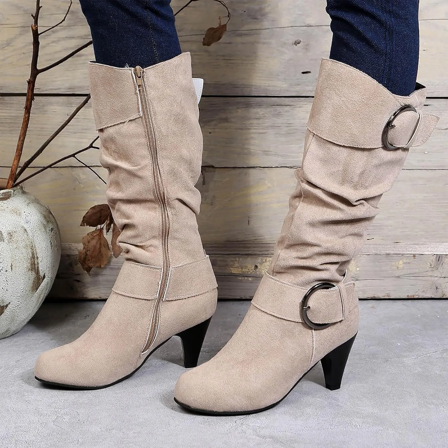 Women's Knee Length Boots Closed Round Toe Buckle Casual Long Tall Boots Comfortable Mid High Heels Dress Booties