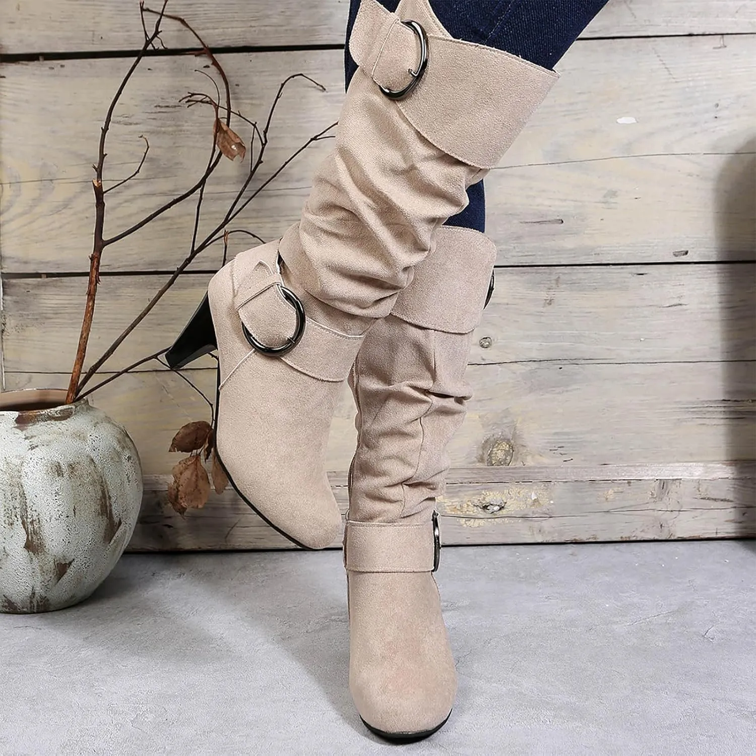 Women's Knee Length Boots Closed Round Toe Buckle Casual Long Tall Boots Comfortable Mid High Heels Dress Booties