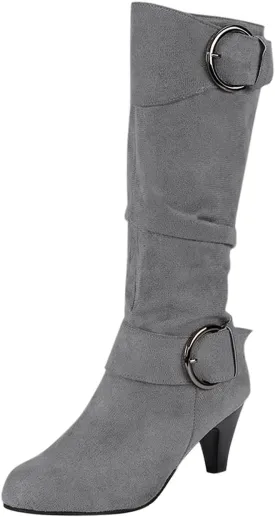 Women's Knee Length Boots Closed Round Toe Buckle Casual Long Tall Boots Comfortable Mid High Heels Dress Booties