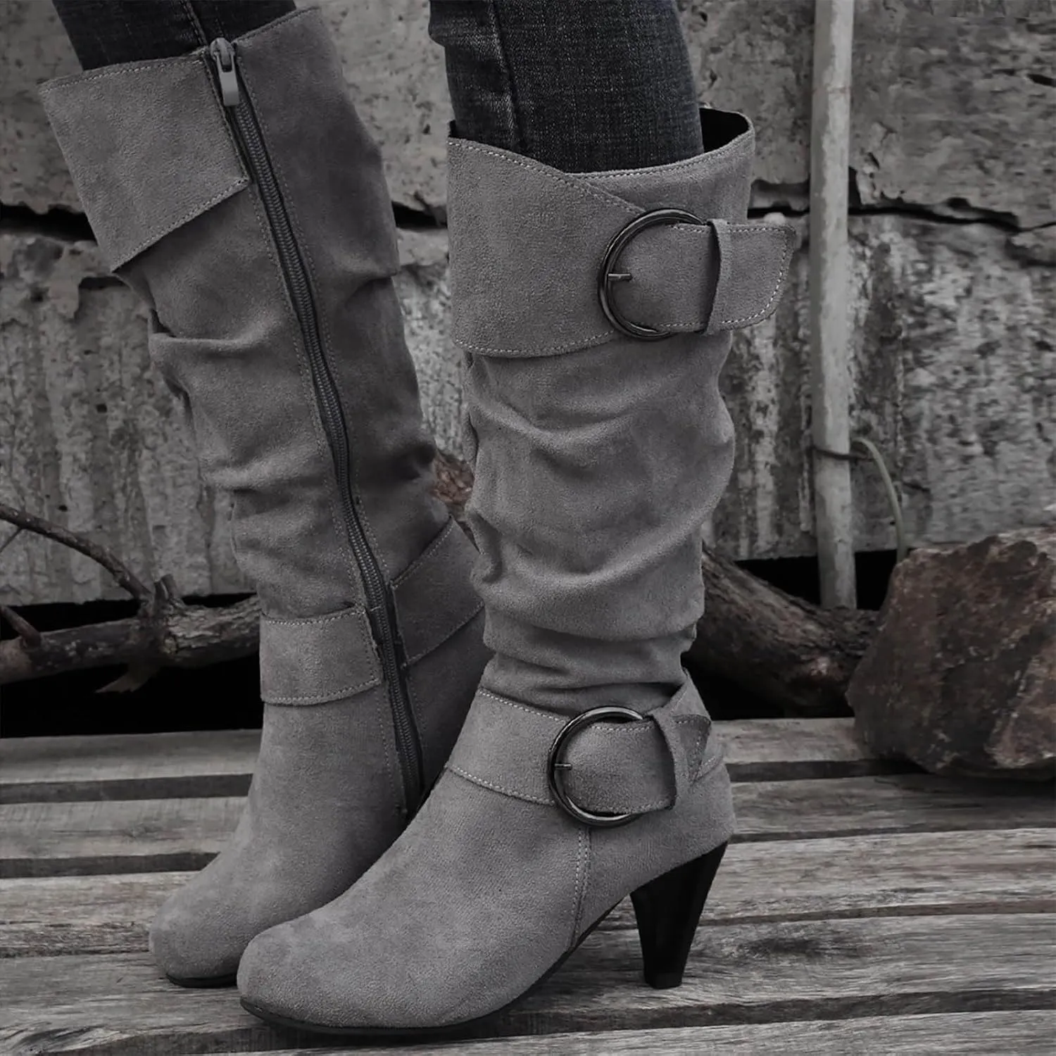Women's Knee Length Boots Closed Round Toe Buckle Casual Long Tall Boots Comfortable Mid High Heels Dress Booties