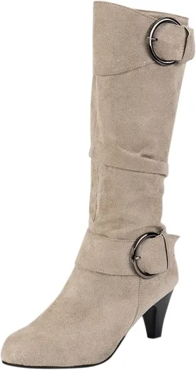 Women's Knee Length Boots Closed Round Toe Buckle Casual Long Tall Boots Comfortable Mid High Heels Dress Booties