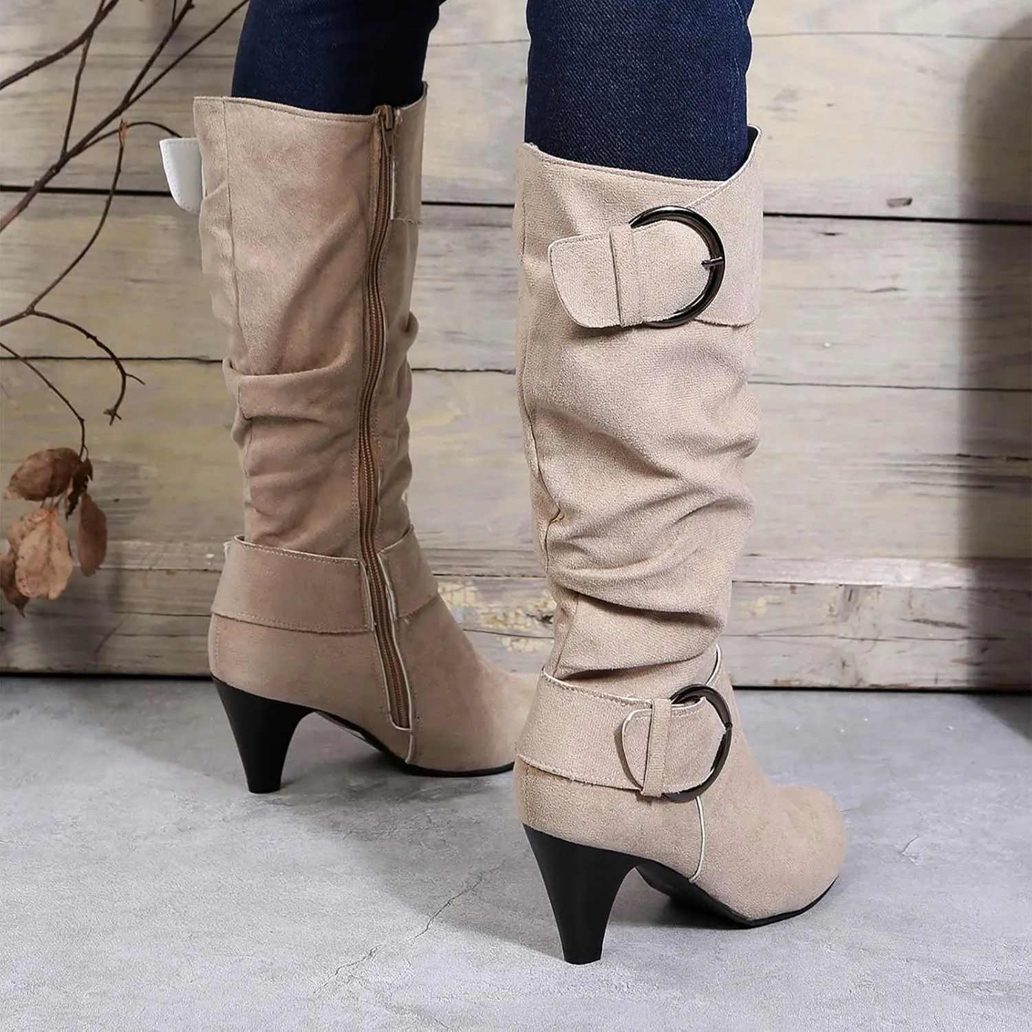 Women's Knee Length Boots Closed Round Toe Buckle Casual Long Tall Boots Comfortable Mid High Heels Dress Booties