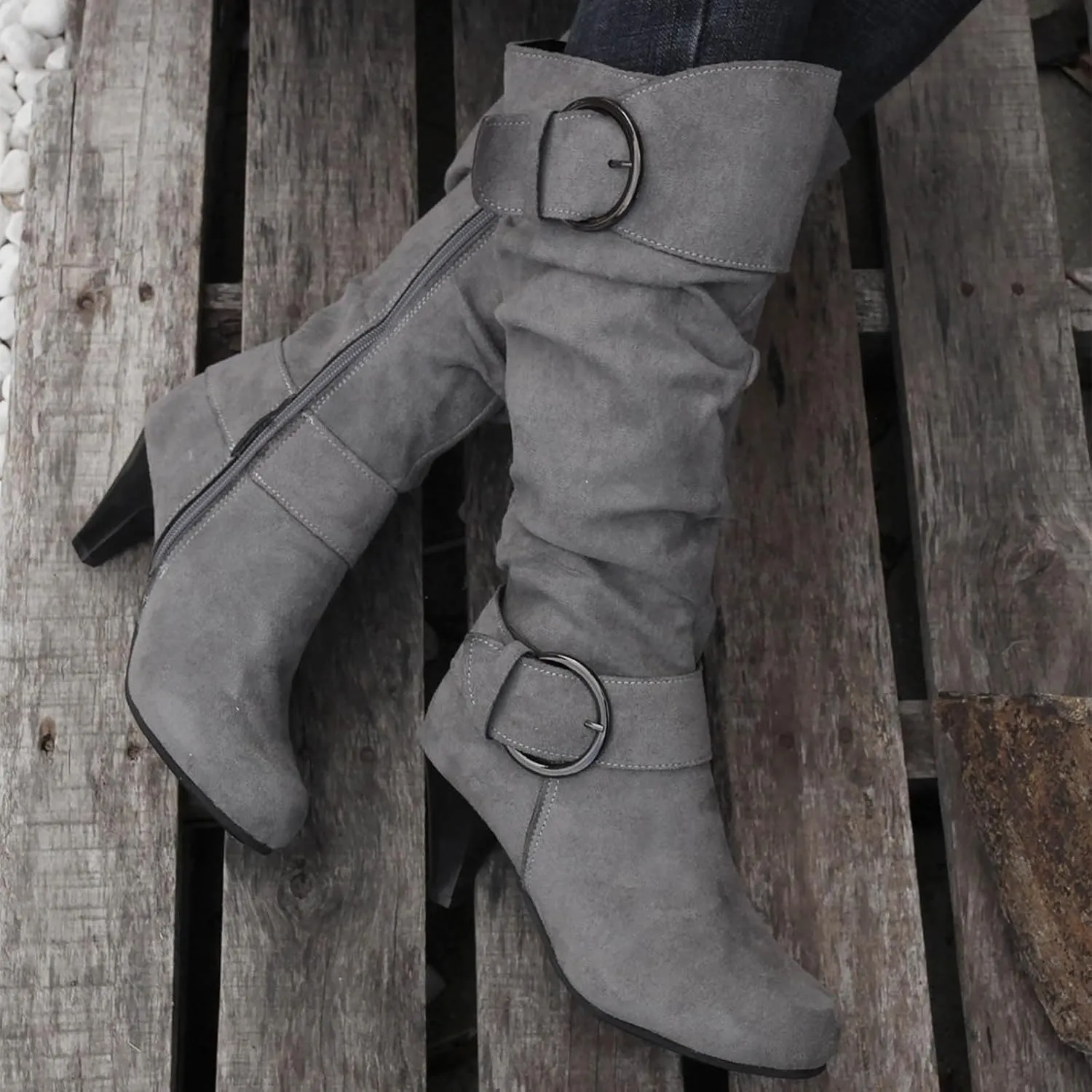 Women's Knee Length Boots Closed Round Toe Buckle Casual Long Tall Boots Comfortable Mid High Heels Dress Booties