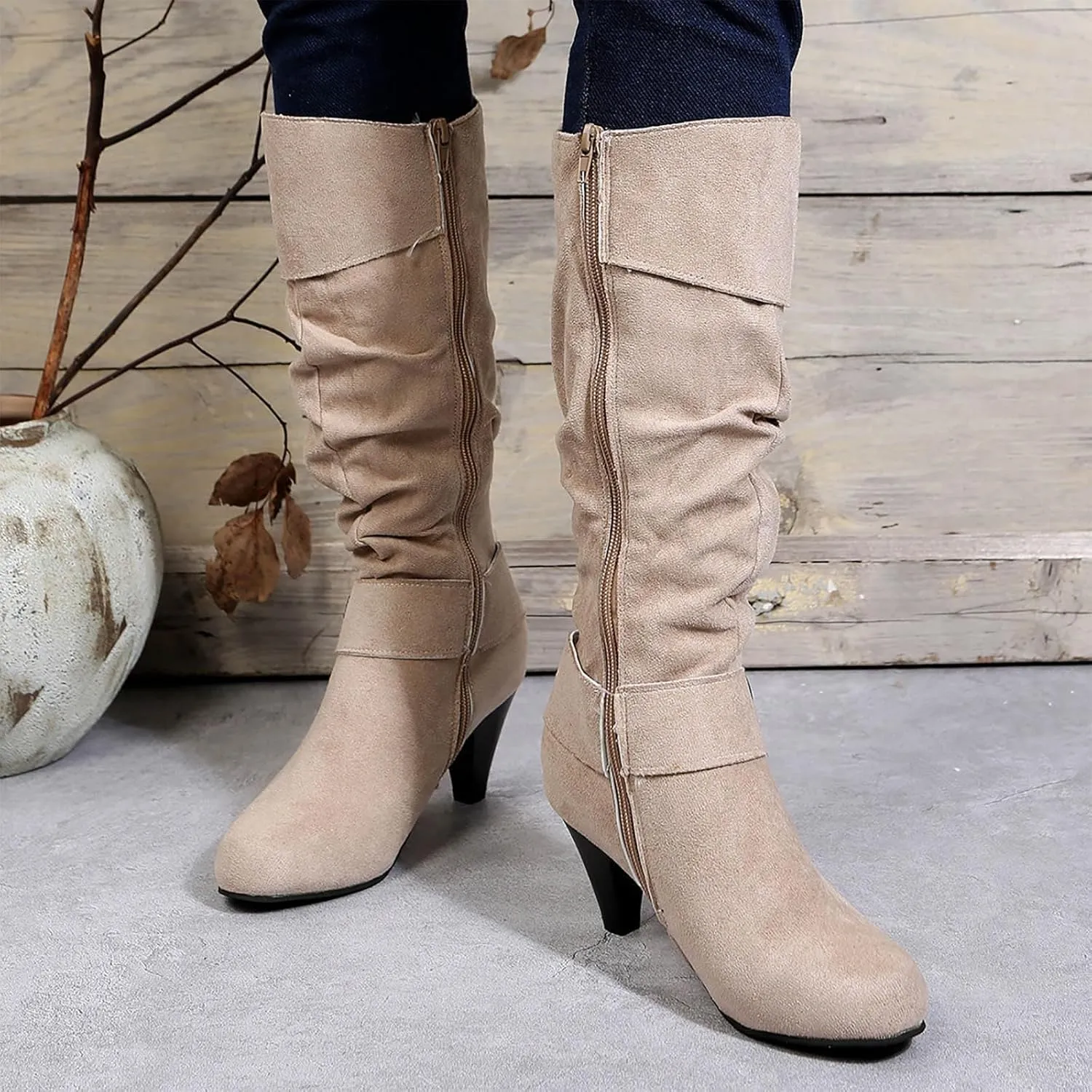 Women's Knee Length Boots Closed Round Toe Buckle Casual Long Tall Boots Comfortable Mid High Heels Dress Booties