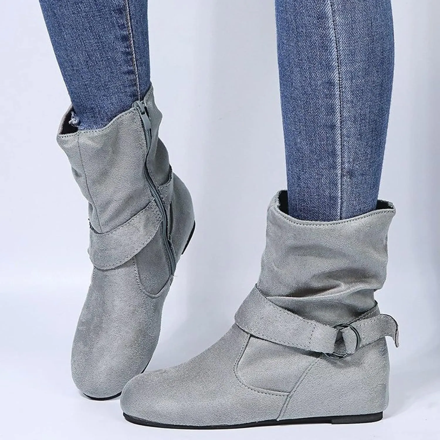 Women's Mid Calf Boots Round Toe Wide Calf Slouchy Boots Flat Heel Comfortable Shoes with Side Zipper Buckle Strap