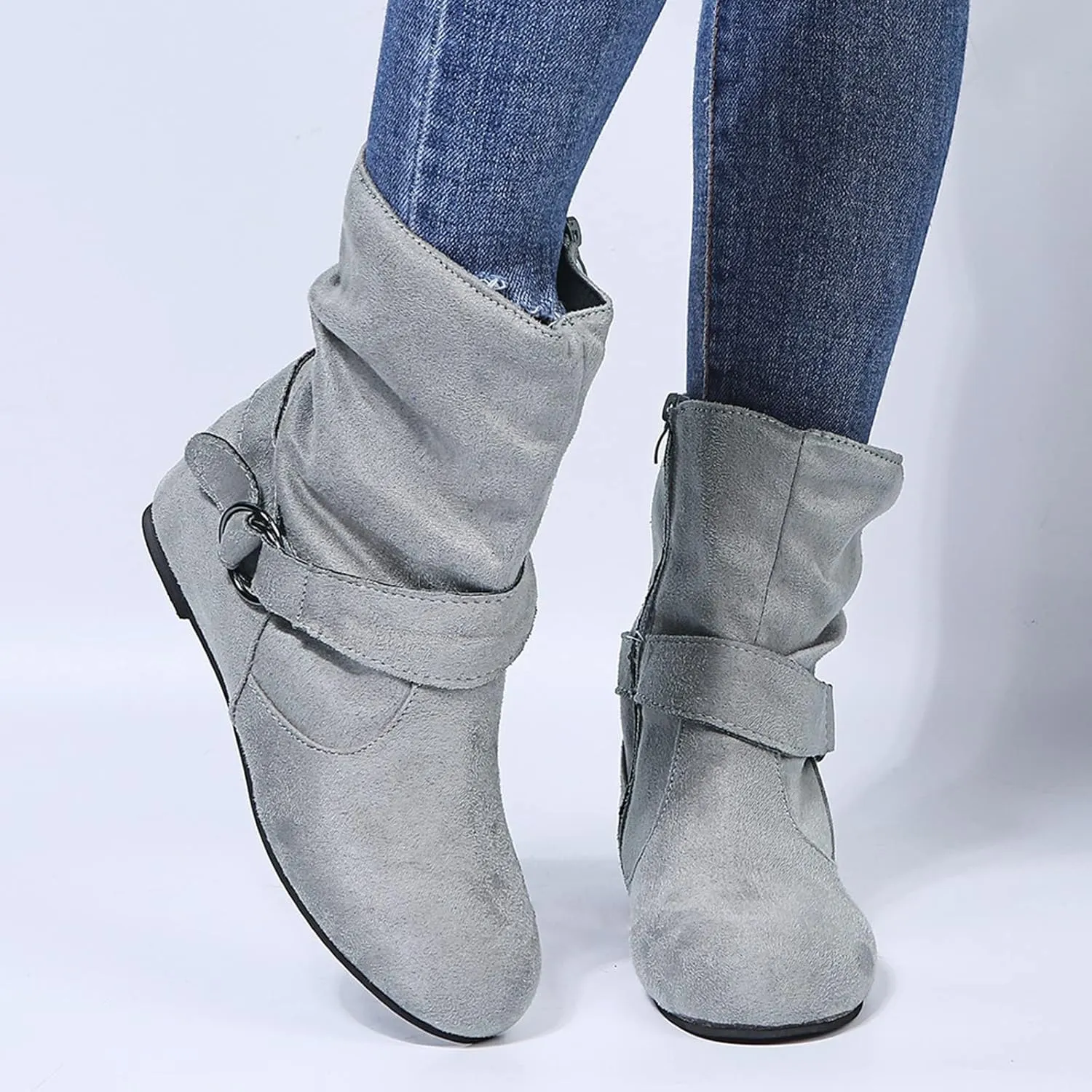 Women's Mid Calf Boots Round Toe Wide Calf Slouchy Boots Flat Heel Comfortable Shoes with Side Zipper Buckle Strap