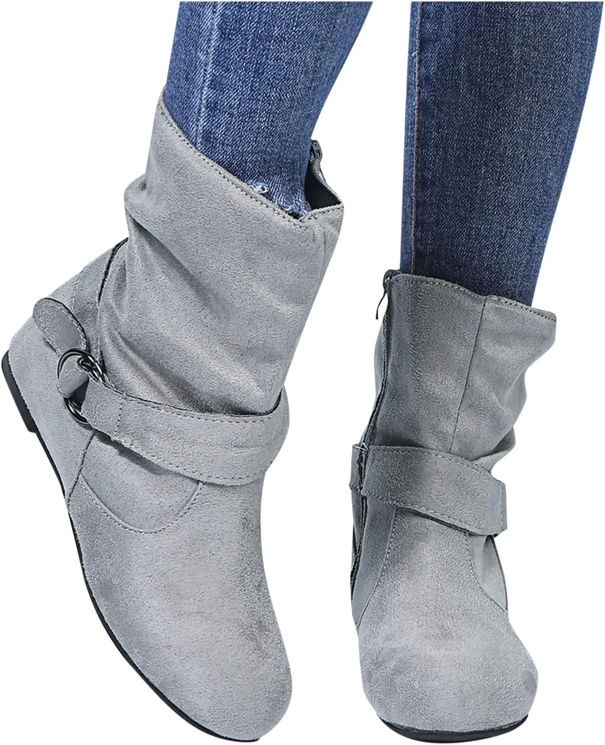 Women's Mid Calf Boots Round Toe Wide Calf Slouchy Boots Flat Heel Comfortable Shoes with Side Zipper Buckle Strap