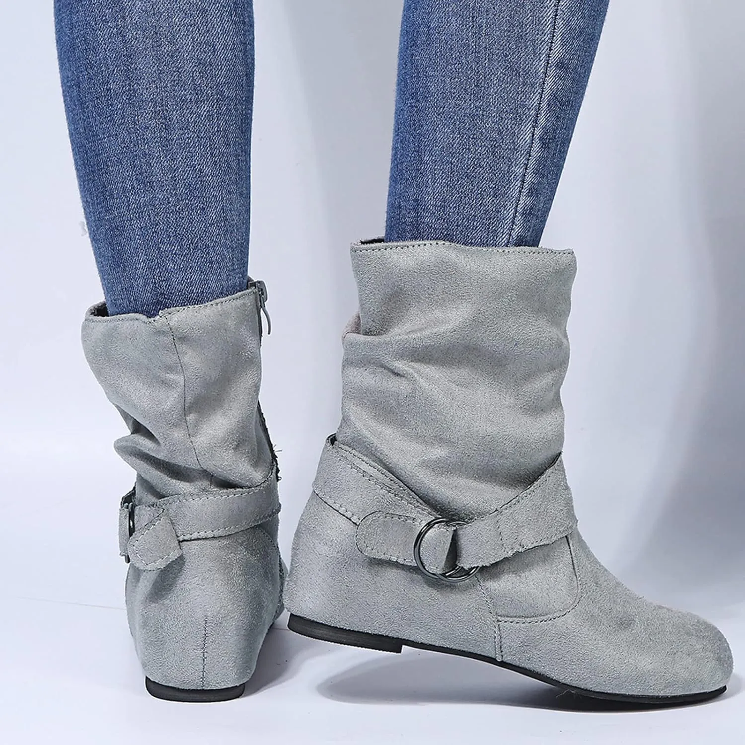Women's Mid Calf Boots Round Toe Wide Calf Slouchy Boots Flat Heel Comfortable Shoes with Side Zipper Buckle Strap