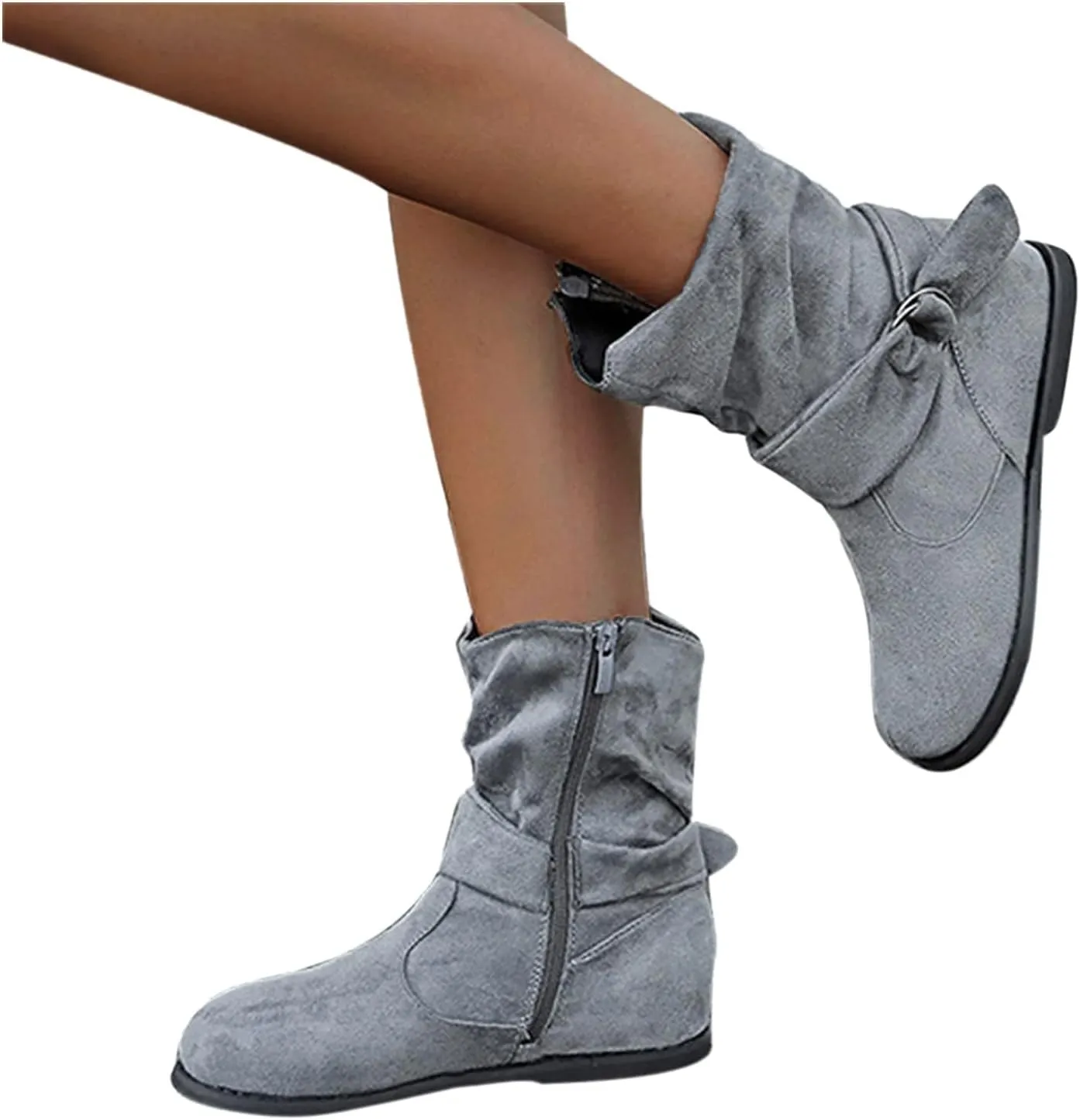 Women's Mid Calf Boots Round Toe Wide Calf Slouchy Boots Flat Heel Comfortable Shoes with Side Zipper Buckle Strap