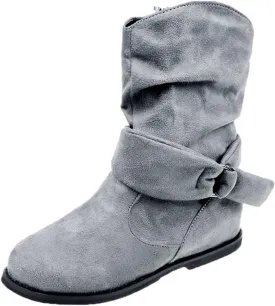Women's Mid Calf Boots Round Toe Wide Calf Slouchy Boots Flat Heel Comfortable Shoes with Side Zipper Buckle Strap