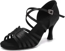 Women's Satin Latin Dance Shoes Professional Ballroom Salsa Performance Practice Dancing Shoes,Model EM-Suede Sole-3Heel